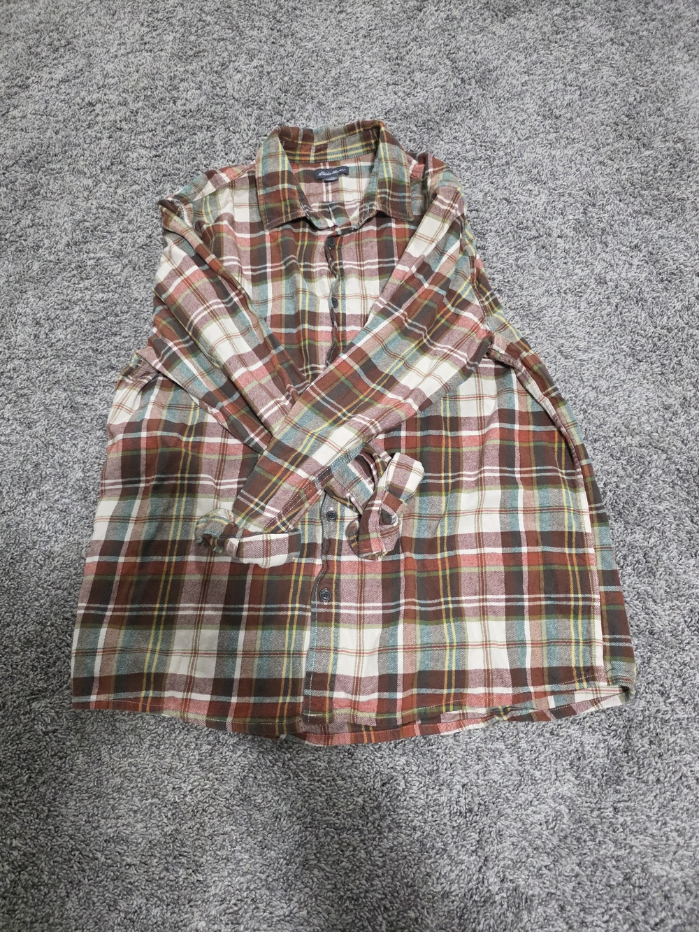 Eddie Bauer Plaid Shirt in Brown, Cream & Teal Accents